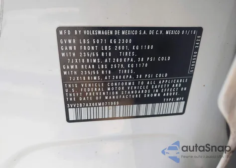2019 Volkswagen Tiguan 2.0T Se/2.0T Sel/2.0T Sel R-Line/2.0T Sel R-Line Black from USA, damaged, VIN 3VV2B7AX6KM071969